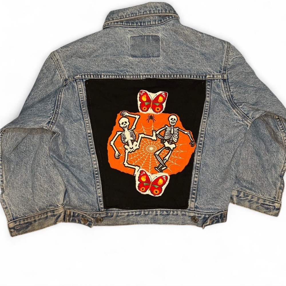 Denim Jacket with Skeleton and Butterfly Patch